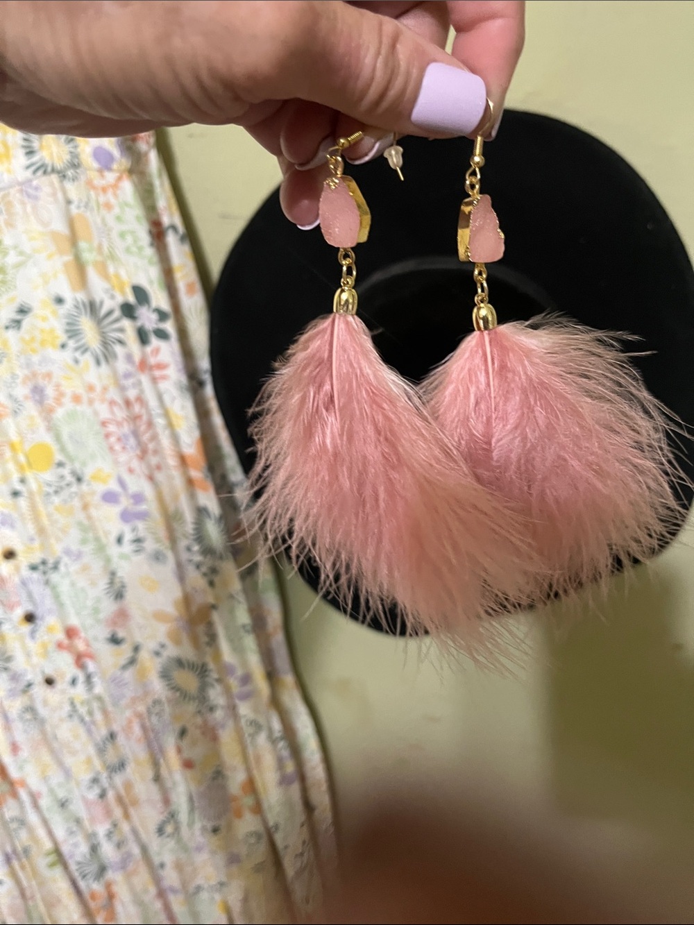 Pink Feather Drop Earrings - Unbranded